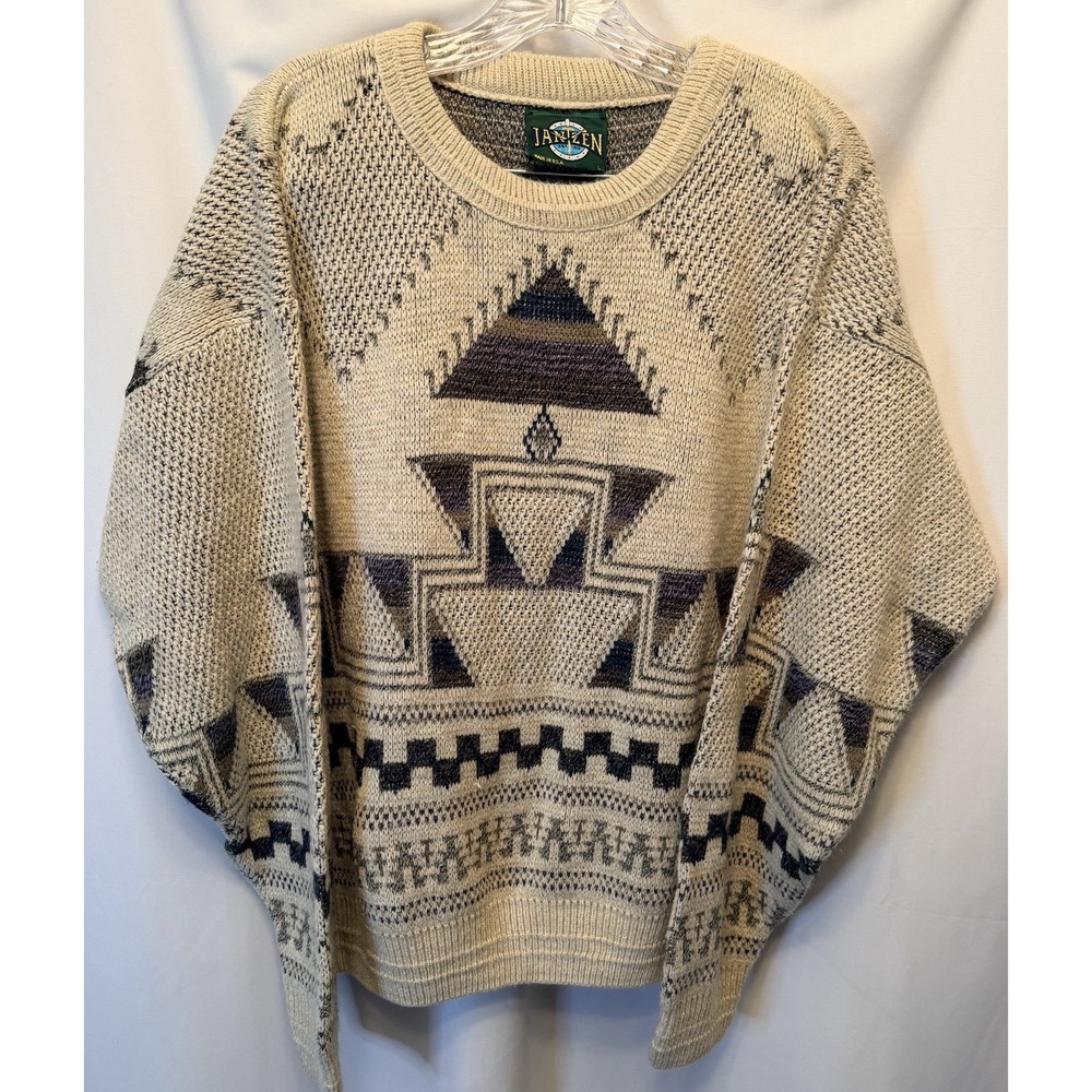 Jantzen Made In USA Size Large Knit Sweater Beige Blue Geometric Aztec Vintage